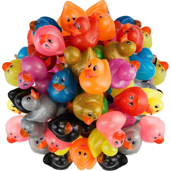 Glitter Rubber Ducks In Bulk - (Pack of 50) Assorted 2-inch Duck Toys For Baby Shower Rubber Duckies, Mini Ducks Bath Toy, Birthday Party Favors Ducks