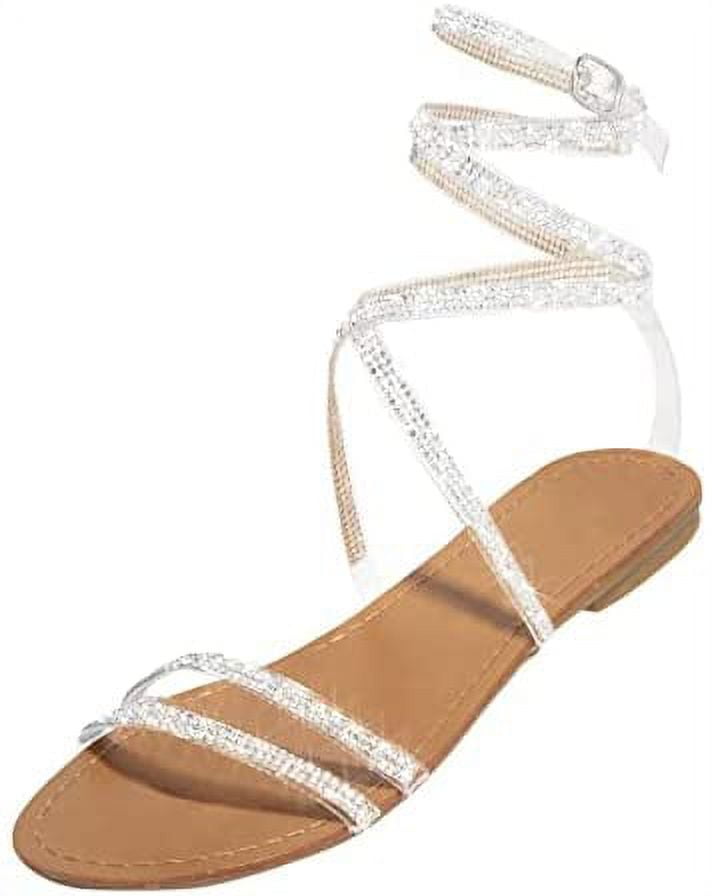 Glitter Sandals for Women, Shiny Crystal Lace Up Sandals, Wrap up Ankle  Strap Flat Sandals, Rhinestone Strappy Flat Sandals 