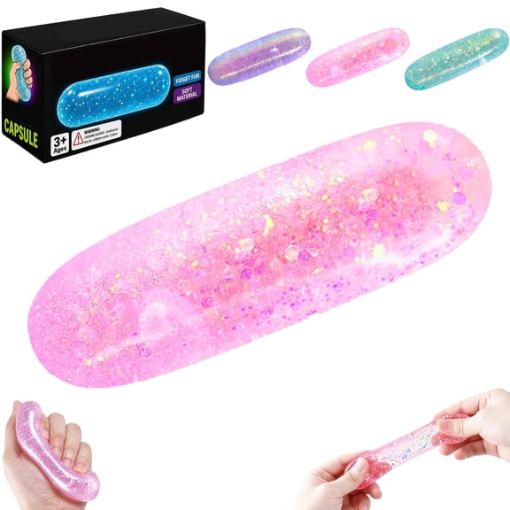 Glitter Sensory Fidget Toy Stress Relief Squishy Toys Soft Slow Rising Squeeze Capsule for Anxiety Relief Fun Classroom Prizes Party Favors Gifts for Kids Adults