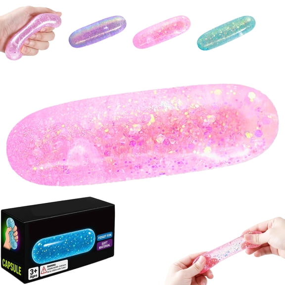 Glitter Sensory Fidget Toy Stress Relief Squishy Toys Soft Slow Rising Squeeze Capsule for Anxiety Relief Fun Sensory Gifts for Kids Adults Classroom Prizes Party Favors