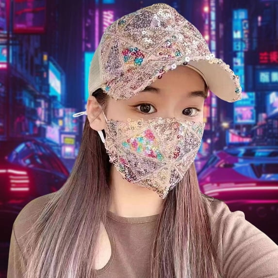 Glitter Sequin Baseball Cap And Face Cover Set Adjustable Mesh Design For Outdoor Events Comfortable Wear Measuring 7.08x4.33x2.75 Inches