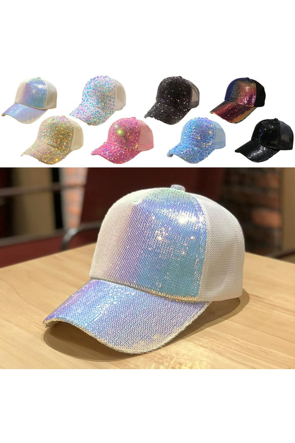 Glitter Sequin Baseball Cap | Featherlight Multicolor Sun Protection Hat | Breathable Flannel Polyester | Shiny Sequins Crown | Mesh Back Ponytail Opening | Adjustable Buckle | Fits 22–24.4 in Head