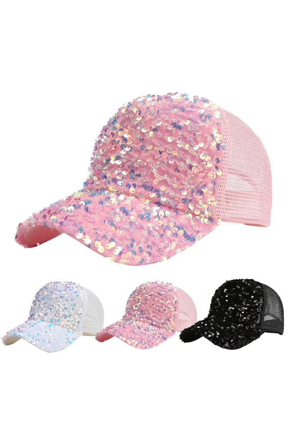 Glitter Sequin Baseball Cap Hat Trucker Hat Adjustable Mesh Caps Baseball Party Hat for Women Sparkle Adjustable Ponytail Visor Cap Sun Hat for Women Men White One Size