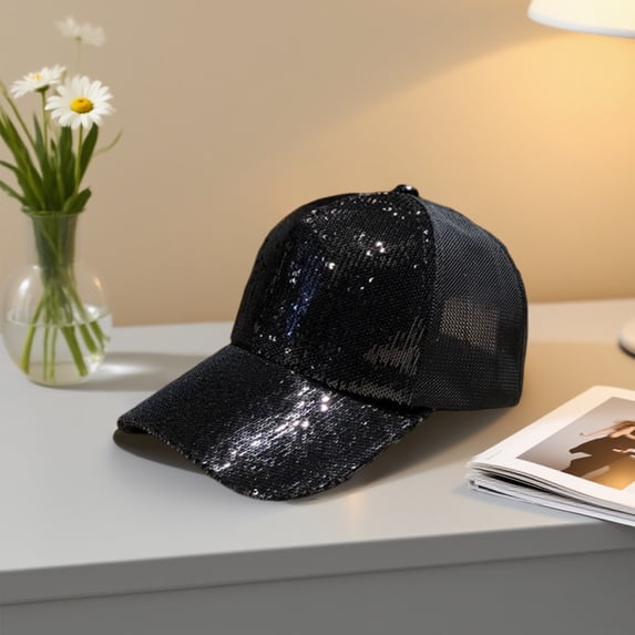 Glitter Sequin Baseball Cap,Women Sparkly Adjustable Mesh Hat Breathable Ponytail Cap Fashion Party Travel Sun Hat
