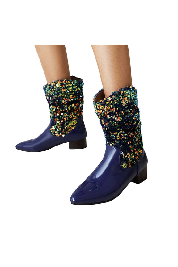 Glitter Sequin Cowboy Boots for Women Fashion Sparkly Leather Pointed Toe Wide Mid Calf Cowgirl Boots Christmas Halloween Party Dress Short Booties