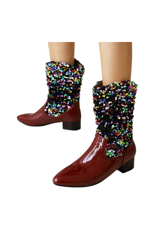 Glitter Sequin Cowboy Boots for Women Fashion Sparkly Leather Pointed Toe Wide Mid Calf Cowgirl Boots Christmas Halloween Party Dress Short Booties
