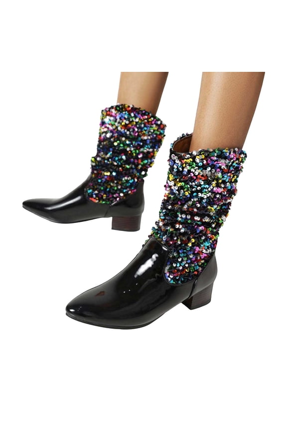 Glitter Sequin Cowboy Boots for Women Fashion Sparkly Leather Pointed Toe Wide Mid Calf Cowgirl Boots Christmas Halloween Party Dress Short Booties