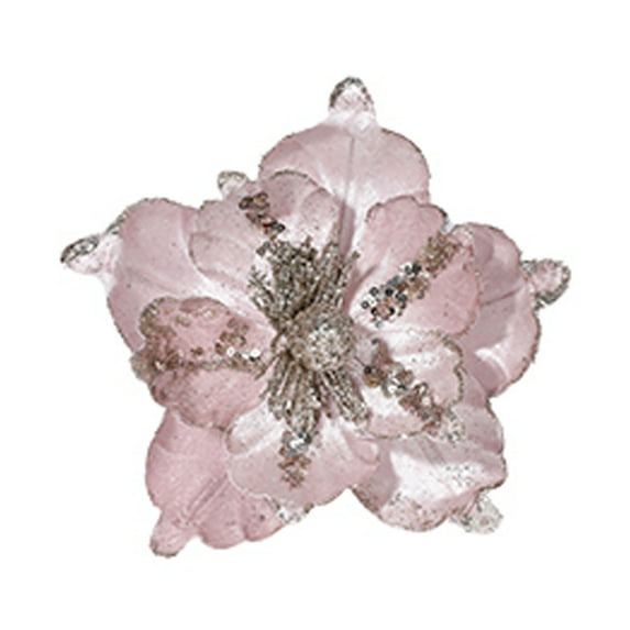 Glitter and Sequin Decorated Fabric Magnolia Artificial Flowers Christmas Tree Flower Decorations for Xmas Tree New Year Party Holiday Wedding Ornaments - Pink