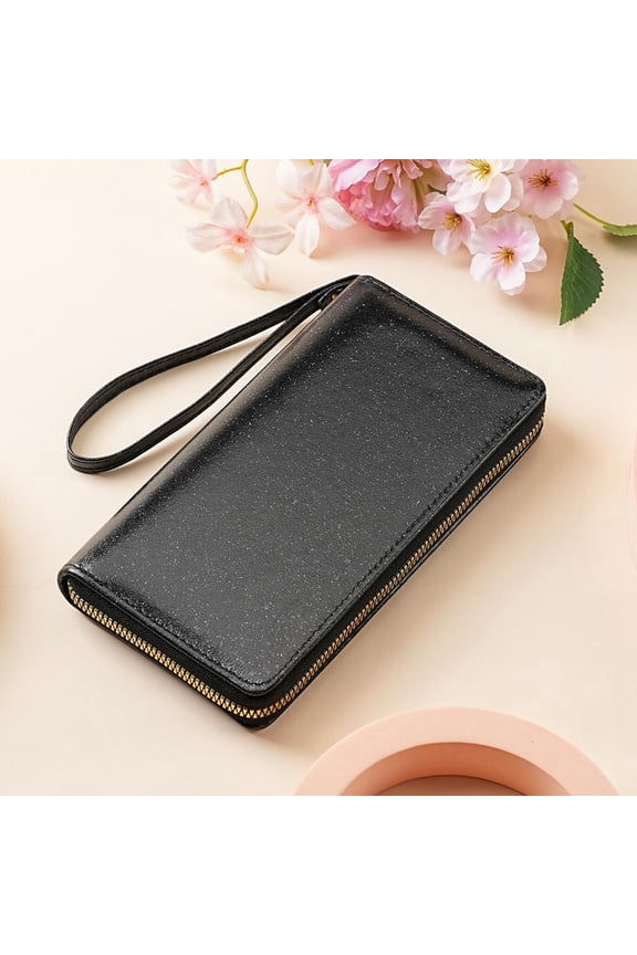 Glitter Sequin Long Wallet for Women Wrist Strap Multiple Card Slots Wallets PU Leather Zipper Card Holder Fashion Ladies Travel Money Phone Bag