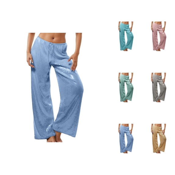 Glitter Sequin Pants Women Low Rise Elastic Waist Wide Leg Flowy Sparkly Pants for Disco Party Dancewear Clubwear