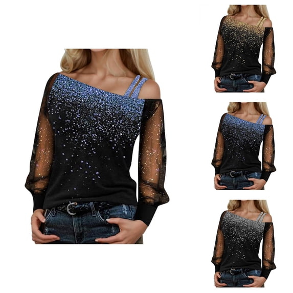 Glitter Sequin Shirt for Women 2026 Spring Fall Casual Long Sleeve Off Shoulder Sparkly T Shirts Y2k Going out Tops