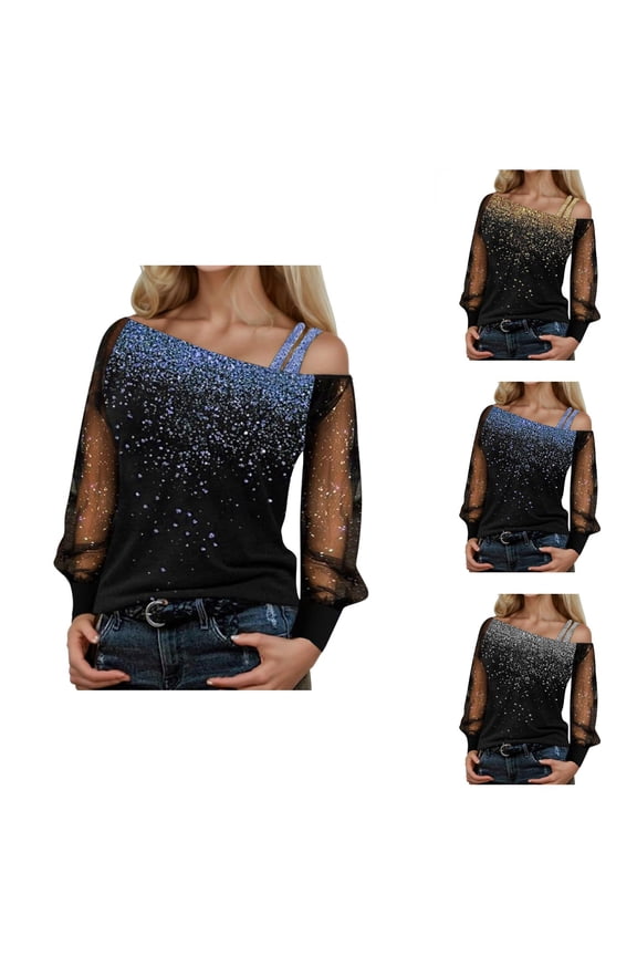 Glitter Sequin Shirt for Women 2026 Spring Fall Casual Long Sleeve Off Shoulder Sparkly T Shirts Y2k Going out Tops