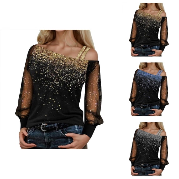 Glitter Sequin Shirt for Women 2026 Spring Fall Casual Long Sleeve Off Shoulder Sparkly T Shirts Y2k Going out Tops