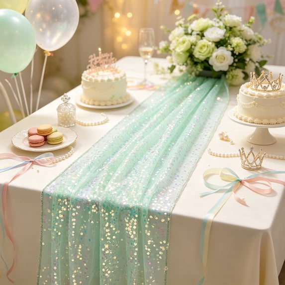 Glitter Sequin Table Runner 72 Inch Sheer Mesh Party Table Decor for Wedding Birthday Shower Banquet