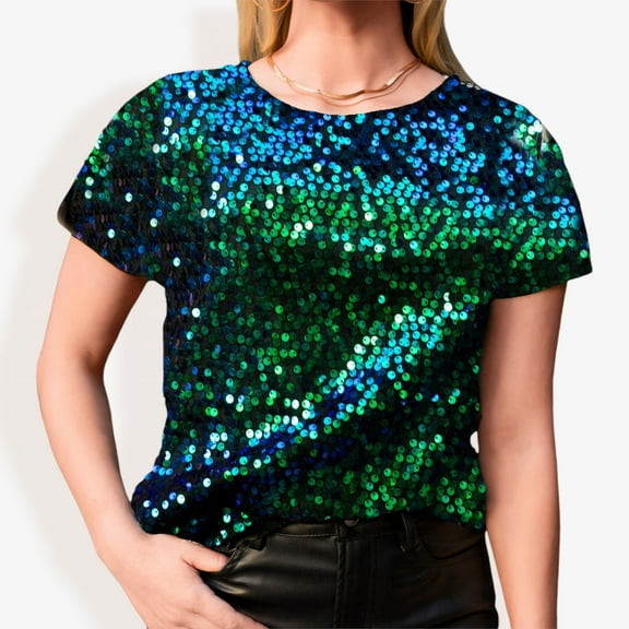 Glitter Sequin Tops Short Sleeve Sparkly Binding Shirt Blouse- Small ,Mermaid Black