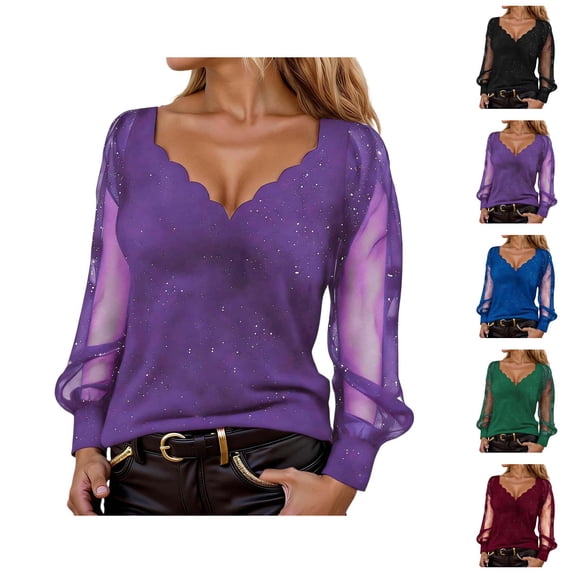 Glitter Sequin Tops for Women Long Mesh Sleeve Patchwork Loose V Neck Sparkly Shirts Night out Top Rave Outfits