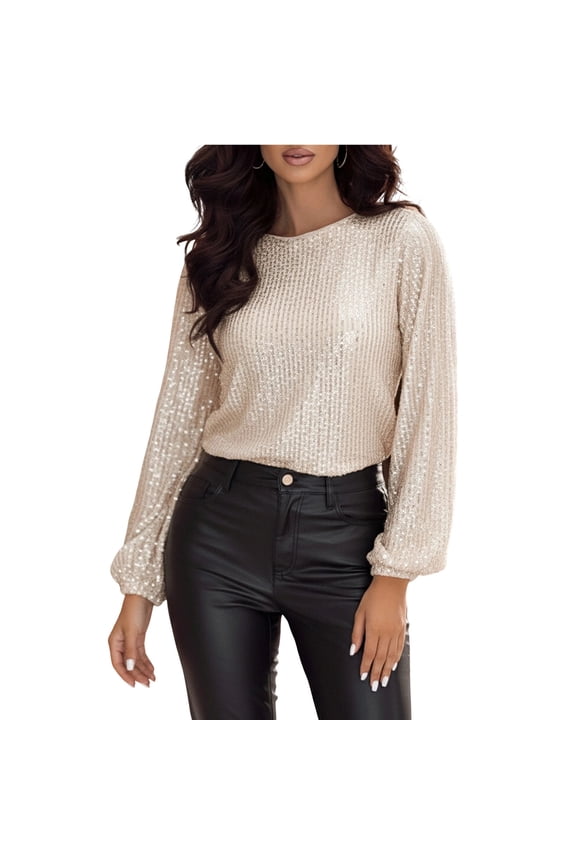 Glitter Sequin Tops for Women Long Sleeve Crew Neck Shiny Fashion Party New Year Eve Tee Shirts Spakly Blouses (S, Beige)