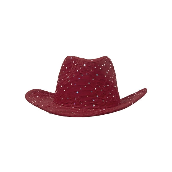 Glitter Sequin Trim Cowboy Hat - Wine Red