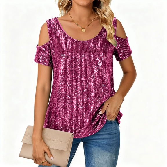 Glitter Sequined Tops Womens Sparkly Sequin Evening Dressy Blouses Short Sleeve Cold Shoulder Party Shirts (L, Hot Pink)