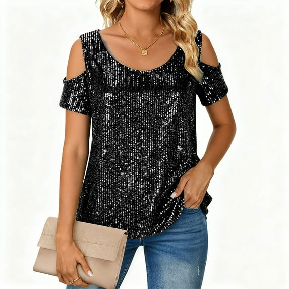 Glitter Sequined Tops Womens Sparkly Sequin Evening Dressy Blouses Short Sleeve Cold Shoulder Party Shirts (M, Black)