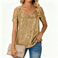 thumbnail image 1 of Glitter Sequined Tops Womens Sparkly Sequin Evening Dressy Blouses Short Sleeve Cold Shoulder Party Shirts (M, Gold), 1 of 7