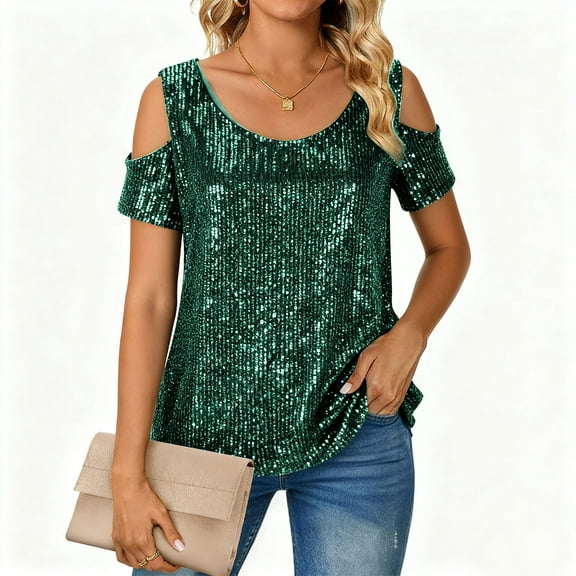 Glitter Sequined Tops Womens Sparkly Sequin Evening Dressy Blouses Short Sleeve Cold Shoulder Party Shirts (XL, Green)