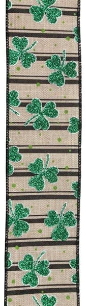Glitter Shamrock Clover St Patricks Day Wired Ribbon, Beige, Emerald Green, Black, 2.5" x 10 Yards (30 Feet), HP6024