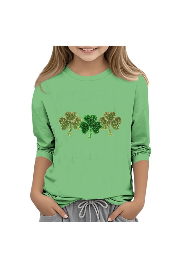 Glitter Shamrock Girls St Patricks Day Shirt Green 3/4 Sleeve Soft Stretch Polyester Spandex Relaxed Fit Holiday Tee for Kids 4-12,Size 5-6T