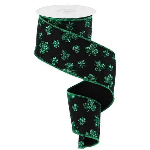 Glitter Shamrocks Wired Edge Ribbon, Black and Green St Patricks Wired Ribbon, 2.5" x 10 Yards