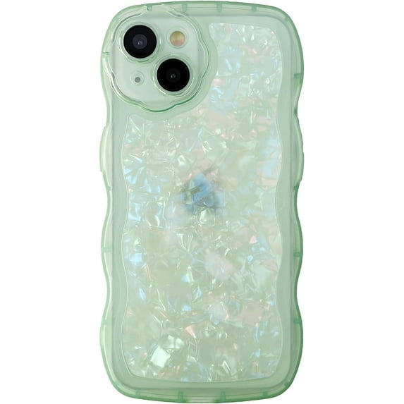 Glitter Shell Pattern Bling Sparkling Curly Wave Frame Clear Soft Compatible with iPhone Case (Green,iPhone 15)