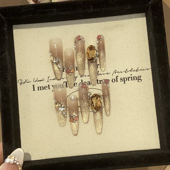 Glitter Shiny Gold-foil Handmade Press on Nails for Women Glitter Wedding Prom Pageant Extra Long Stiletto Gold Fake Nails