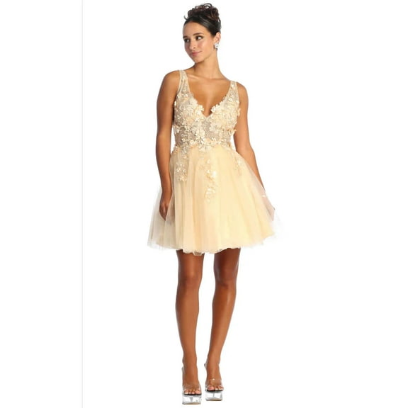 Women's May Queen Short Prom 2026 Dress V Neck Floral A-Line Sheer Style MQ1863 Champagne Goldish Beige 16