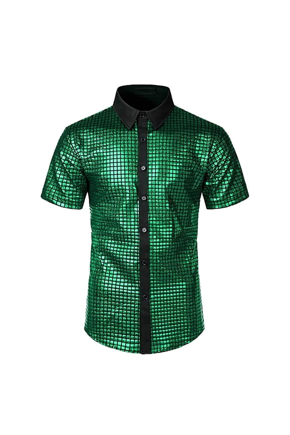 Glitter Short Sleeve Shirt for Men, Personalized Sequin Party Top with Button-Up Design, Loose Fit Hop Fashion Shirt for Stage Performance and Festive Celebrations
