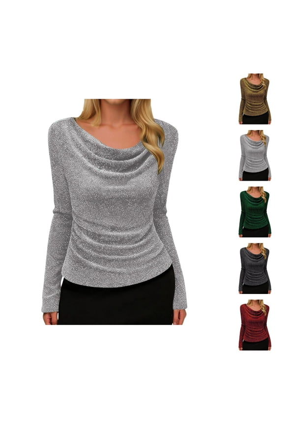 Glitter Silk Tops for Women Long Sleeve Elegant Boat Neck Stretchy Sparkly Shirt Formal Blouse Wedding Guest Tops