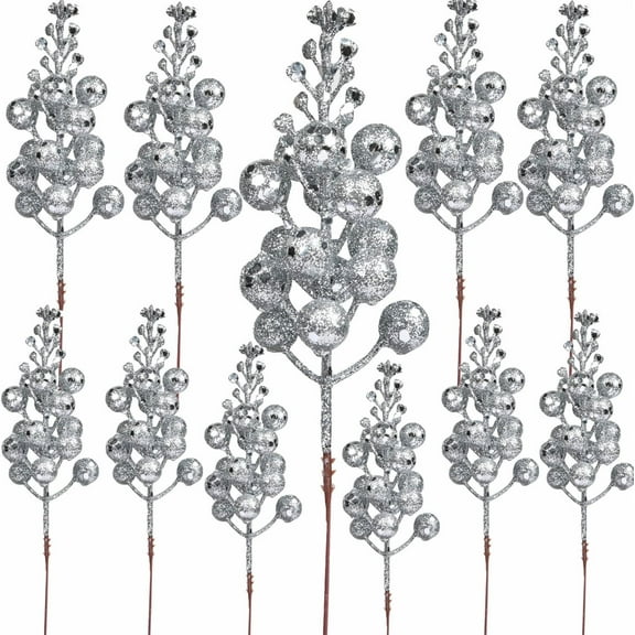 Glitter Silver Berry Stems,20 Pack Christmas Sparking Winter Berry Picks,Artificial Berries Branches Faux Powder Berry Stems Ornaments for Xmas Tree Festive Crafts Winter Home Decorations