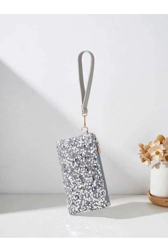 Glitter Silver Sequin Clutch With Wrist Strap For Phone And Cards