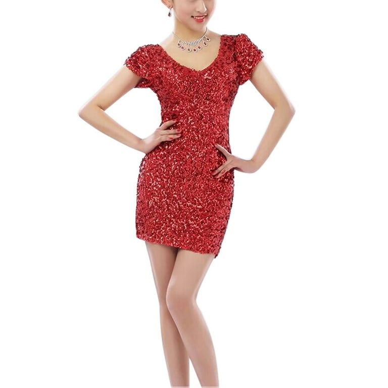 Glitter Sleeve V Neck Mini Sequin Short Vintage Party Cocktail Guess Dresses Red