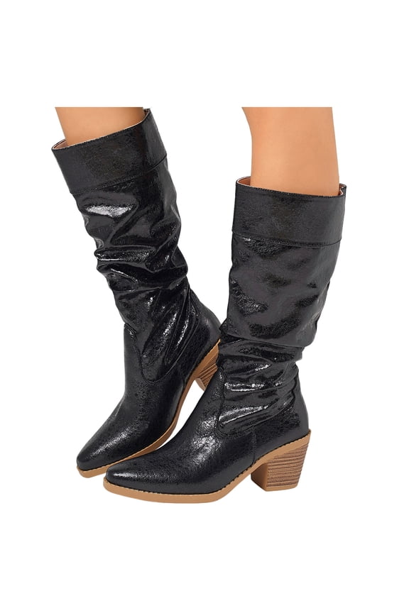 Glitter Slouchy Leather Knee High Boots Women Chunky Stacked Heel Wide Calf Pull on Pointed Toe Tall Booties