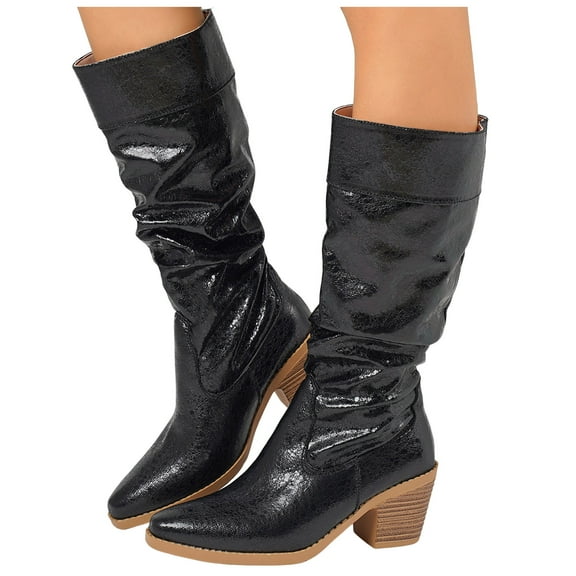Glitter Slouchy Leather Knee High Boots Women Chunky Stacked Heel Wide Calf Pull on Pointed Toe Tall Booties
