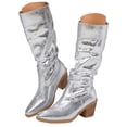 thumbnail image 1 of Glitter Slouchy Leather Knee High Boots Women Chunky Stacked Heel Wide Calf Pull on Pointed Toe Tall Booties, 1 of 8