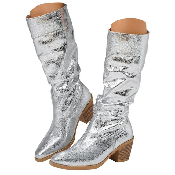 Glitter Slouchy Leather Knee High Boots Women Chunky Stacked Heel Wide Calf Pull on Pointed Toe Tall Booties