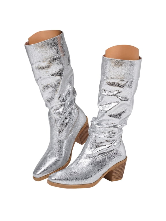 Glitter Slouchy Leather Knee High Boots Women Chunky Stacked Heel Wide Calf Pull on Pointed Toe Tall Booties
