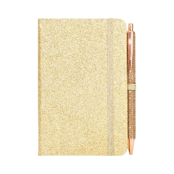 Glitter Small Notebook with Matching Pen, Pocket Size Journal with Elastic Cute Lined Notepad Set for Office Work, Travel & Daily Writing(Beige)