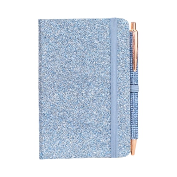 Glitter Small Notebook with Matching Pen, Pocket Size Journal with Elastic Cute Lined Notepad Set for Office Work, Travel & Daily Writing(Blue)