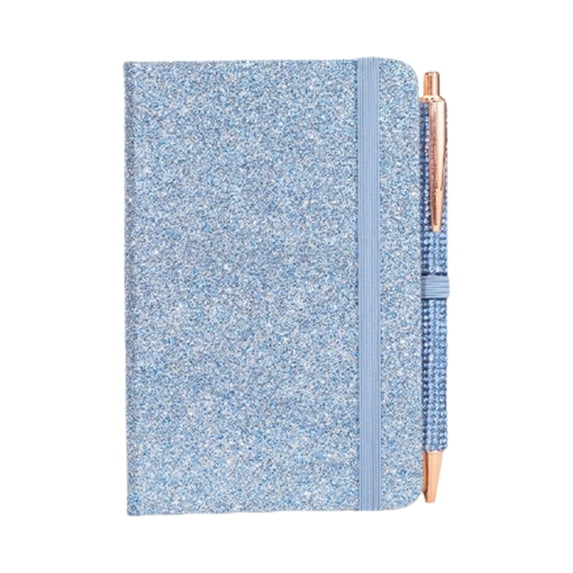 Glitter Small Notebook with Matching Pen, Pocket Size Journal with Elastic Cute Lined Notepad Set for Office Work, Travel & Daily Writing(Blue)