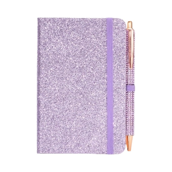 Glitter Small Notebook with Matching Pen, Pocket Size Journal with Elastic Cute Lined Notepad Set for Office Work, Travel & Daily Writing(Purple)