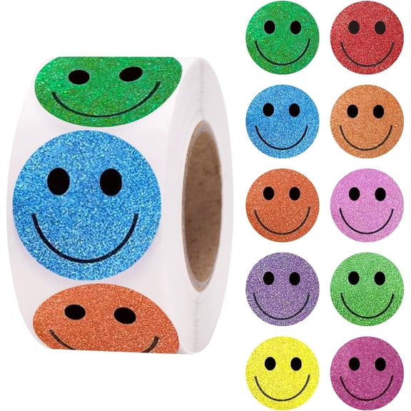 Glitter Smiley Face Stickers, 1-Inch Happy Face Self Adhesive Reward Sticker Roll for Teacher Classroom Decoration, 500 Pcs