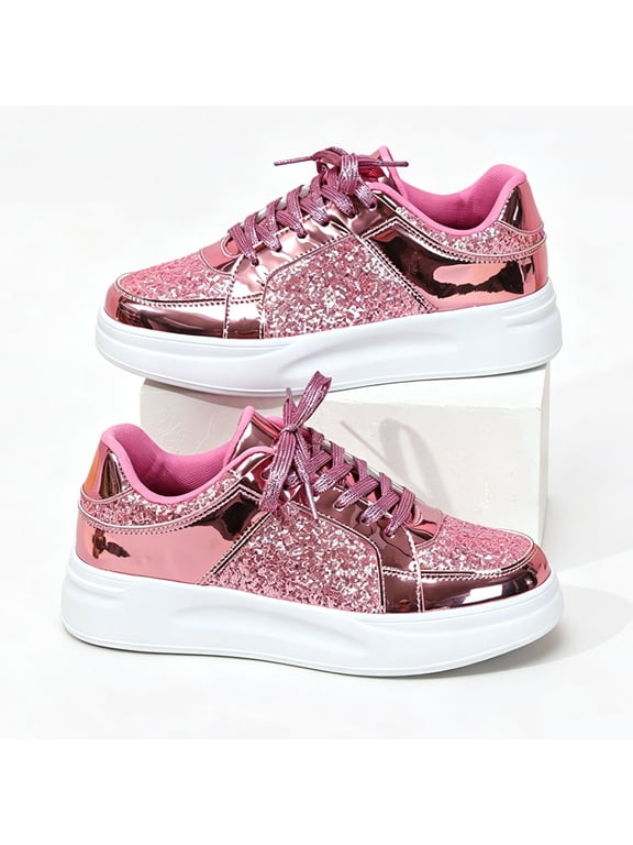 Women’s Glitter Rhinestone Sneakers, Bling Sequin Low Top Lace Up Flat Shoes, Non Slip Casual Footwear for Wedding Party Daily Wear