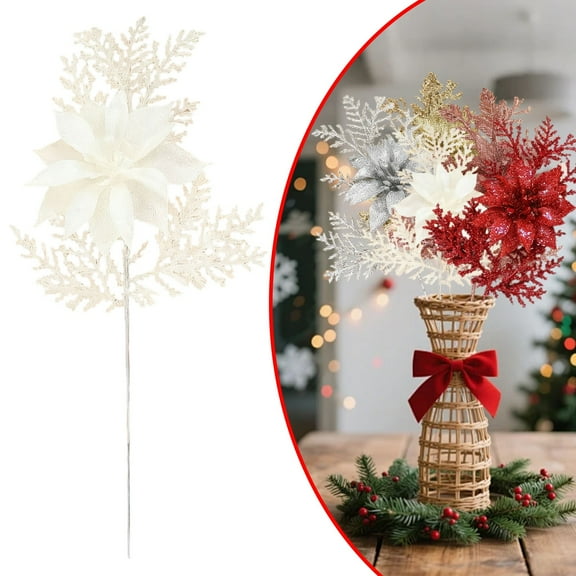 Glitter Snowflake Christmas Picks, Sparkly Artificial Flowers, Leaves & Stems for Christmas Tree, Wreath, Garland & Holiday Decorations White