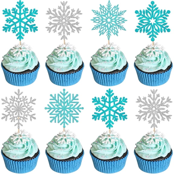 Glitter Snowflake Cupcake Toppers, Silver and Light Blue, Winter Frozen Theme, Birthday and Christmas Party Decorations, 12 Pack